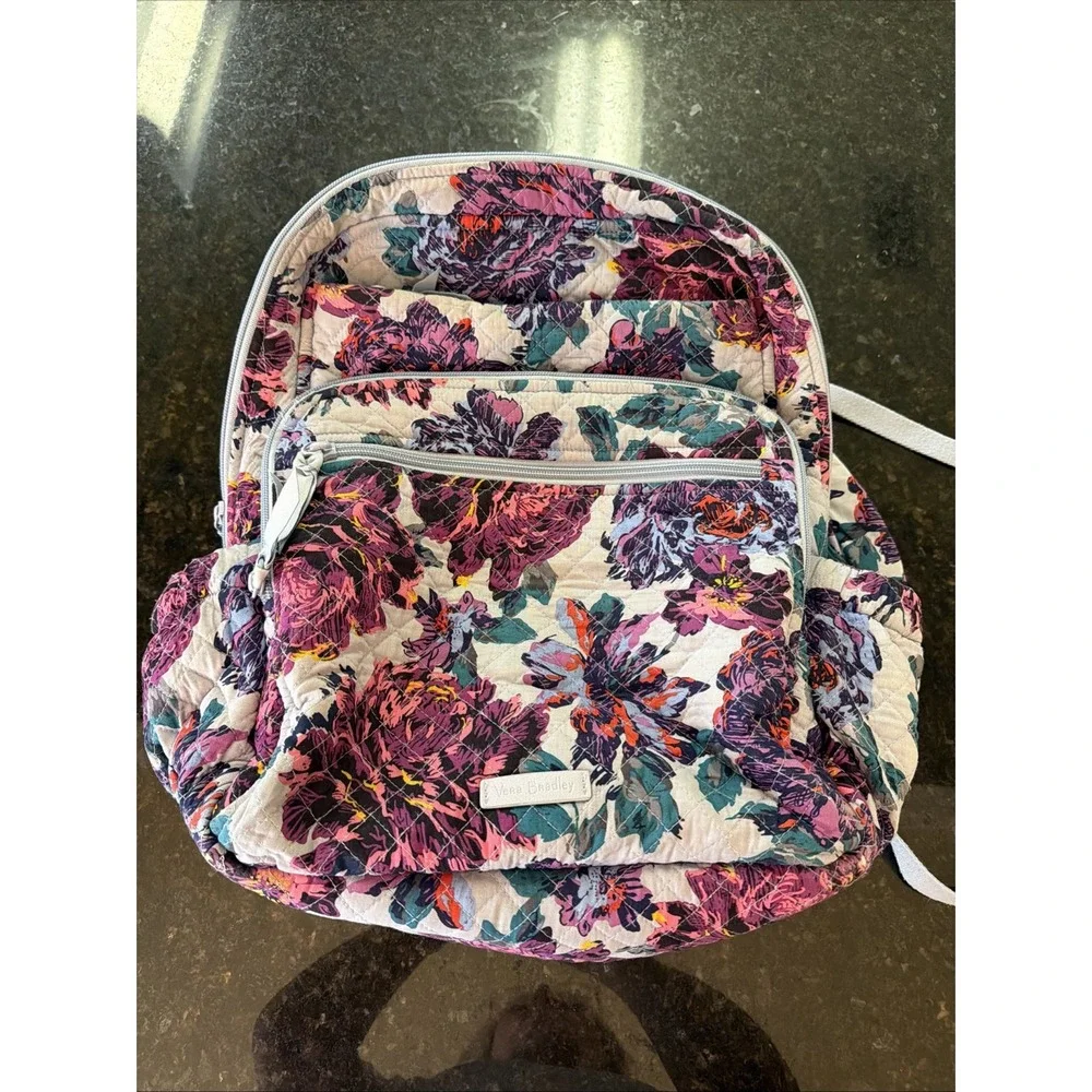 Vera Bradley Campus Backpack Floral Purple Blue Blooms Blossoms FLAW